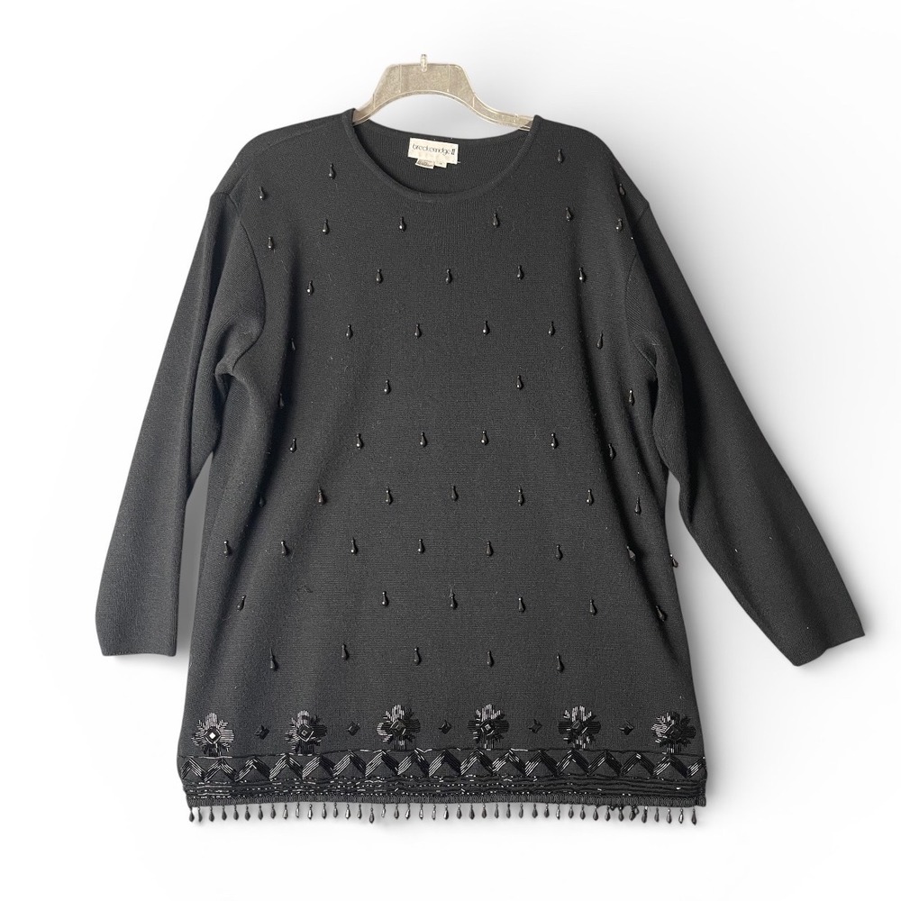Breckenridge II Women 1X‎ Black Beaded Wool Blend Fringe Sweater Vintage Evening